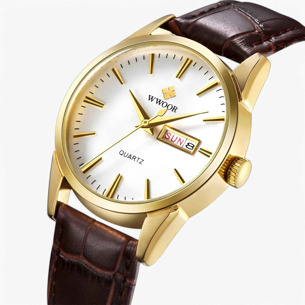 Montre Homme Classique Élégante avec Bracelet en Cuir Véritable Marron, Boîtier Fin