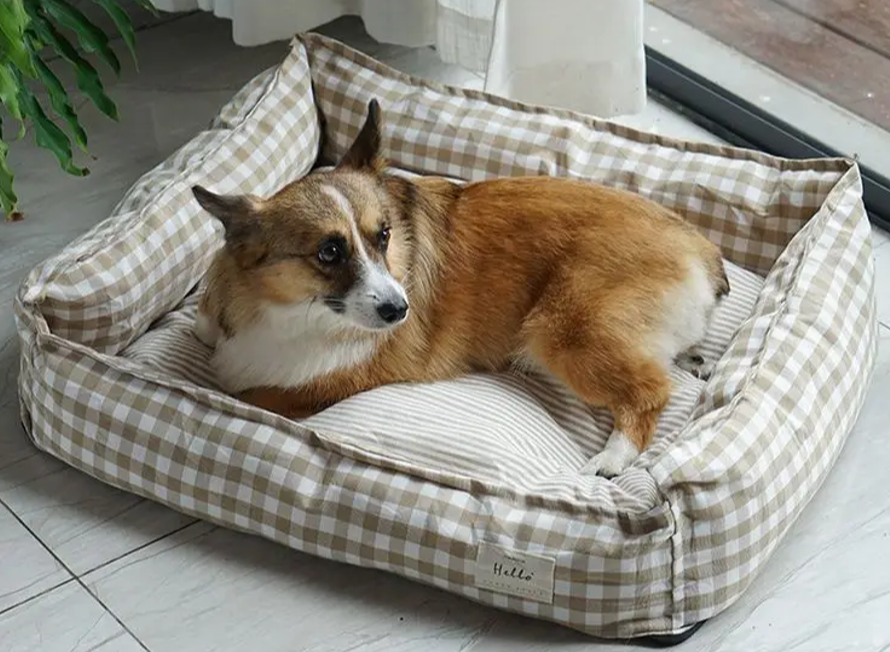 Lit pour chien Motif à carreaux beige - Lieu de repos douillet - 100% Coton