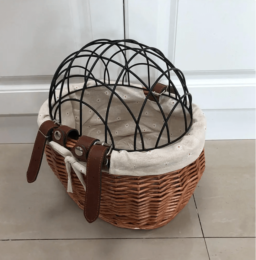 Panier de vélo avant en osier pour petits chiens avec grille de sécurité amovible