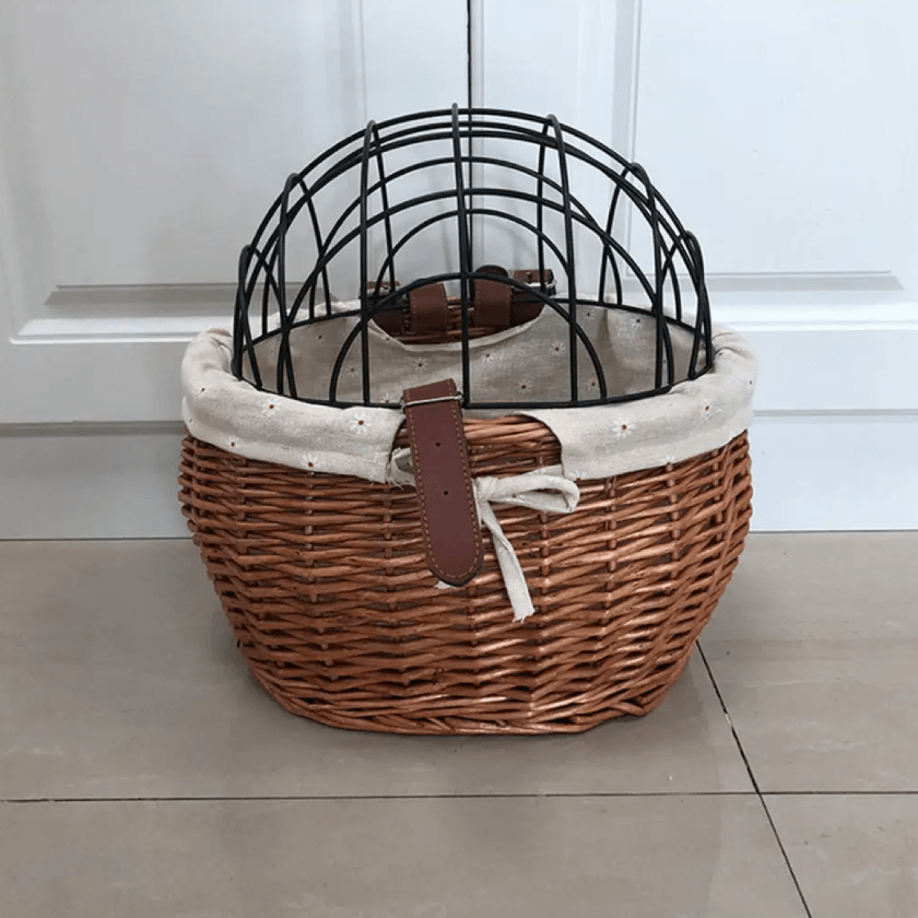 Panier de vélo avant en osier pour petits chiens avec grille de sécurité amovible
