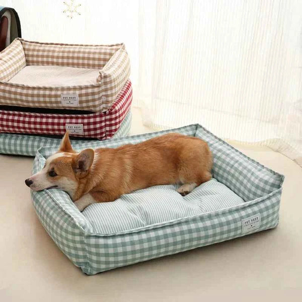pets : Lit pour chien Motif à carreaux beige - Lieu de repos douillet - 100% Coton dans de Marche Lino