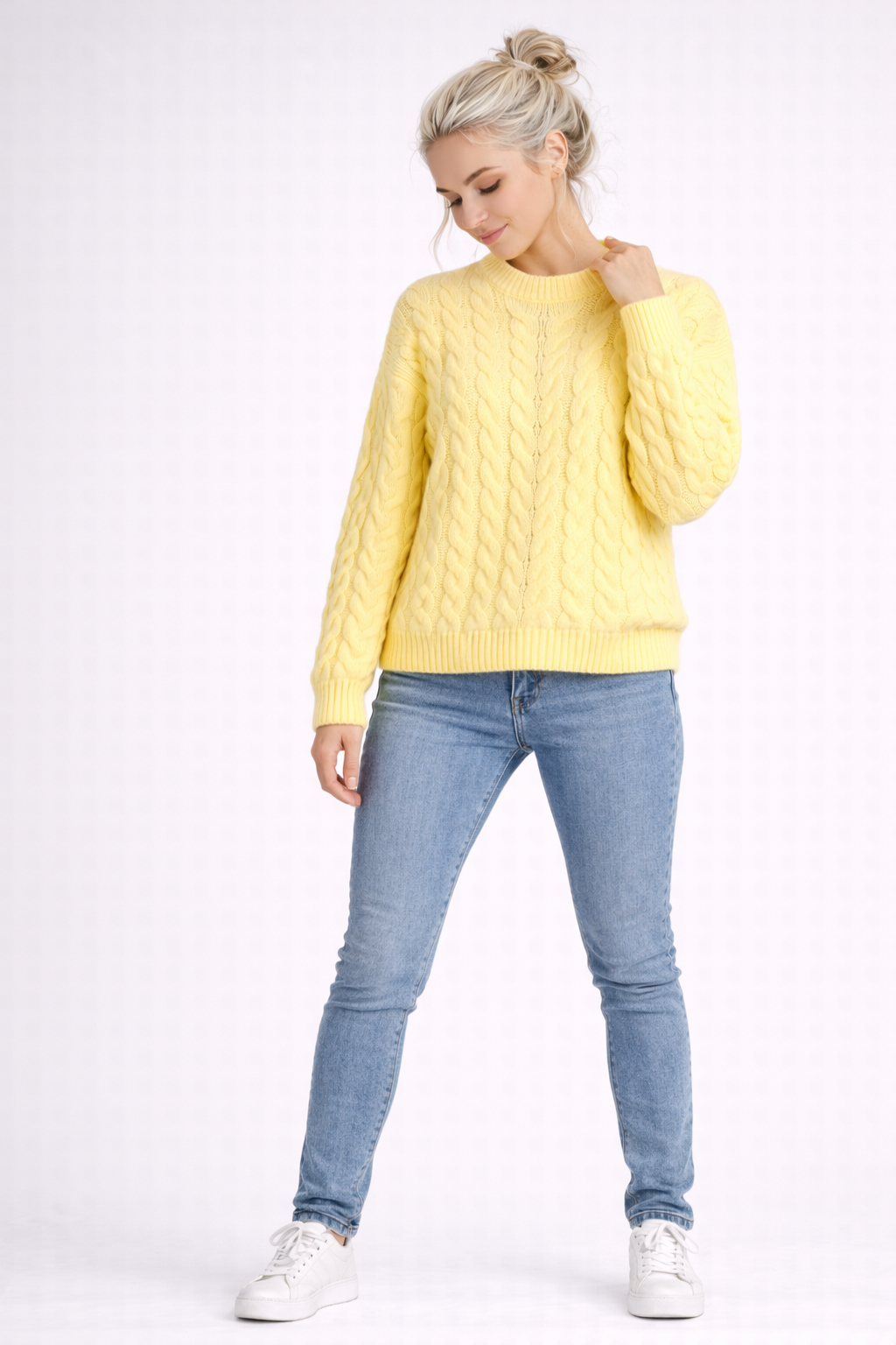 Pull Femme Jaune Torsadé Acrylique Entretien Facile
