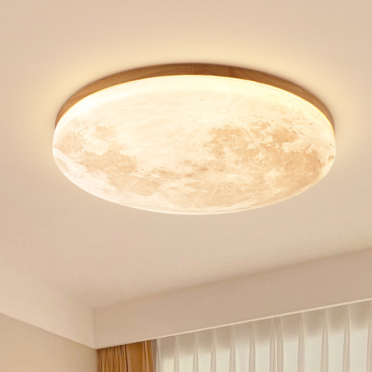 Lighting : Plafonnier Lune Moderne – Design Lunaire 3D avec Cadre en Bois dans Bois Clair de Marche Lino