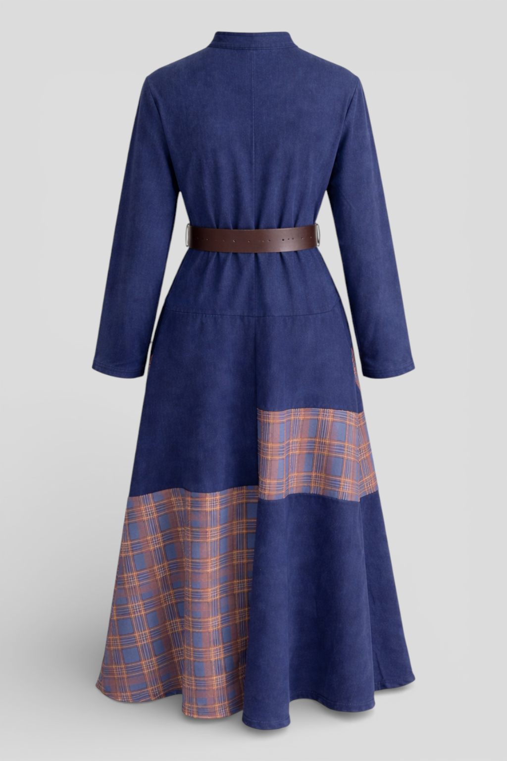Robe maxi Femme en suède vintage avec motif à carreaux bleu marine et ceinture Laine