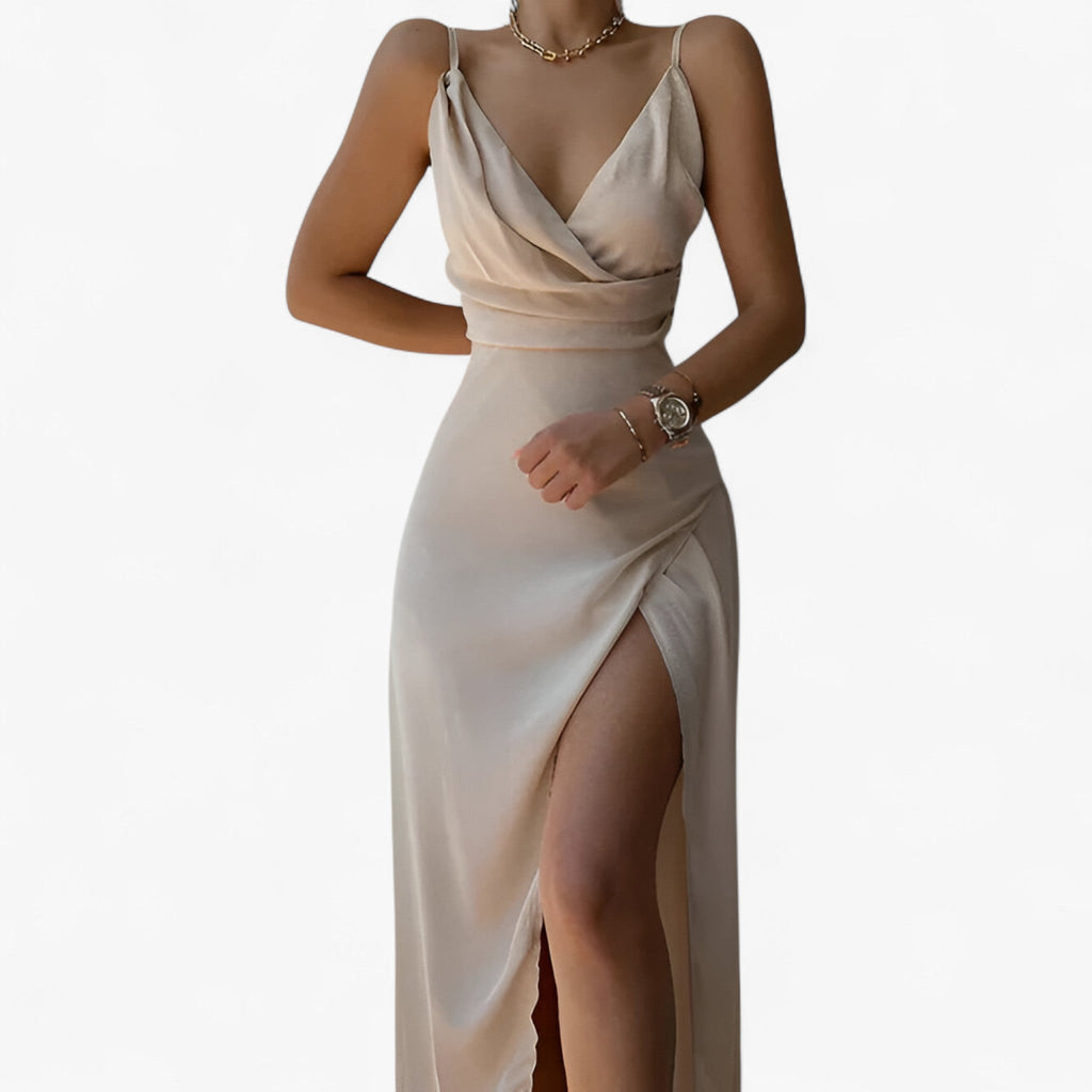 Robe de Soirée Femme en Satin avec Col Bénitier, Bretelles Fines - Parfait pour les Cérémonies
