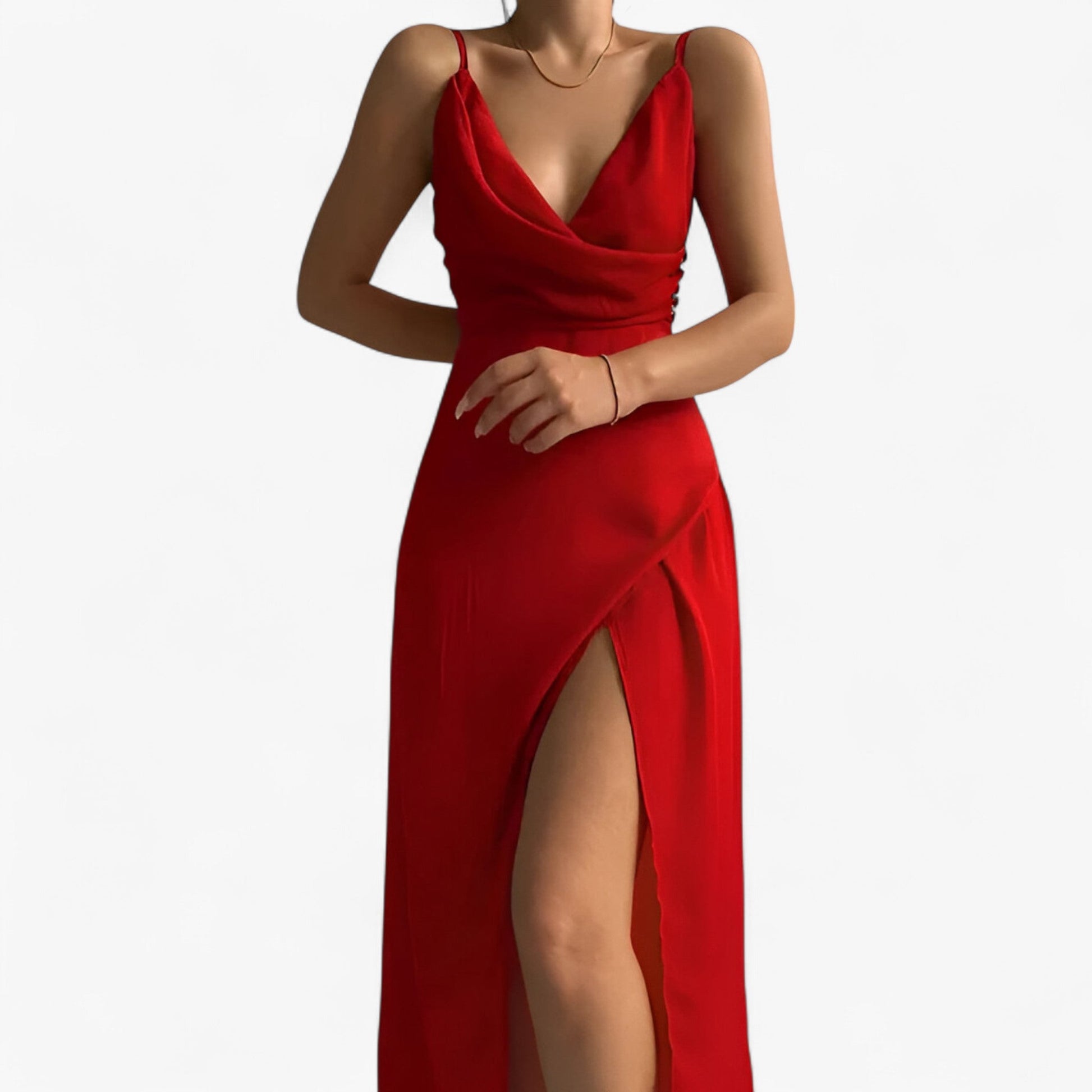Robe de Soirée Femme en Satin avec Col Bénitier, Bretelles Fines - Parfait pour les Cérémonies