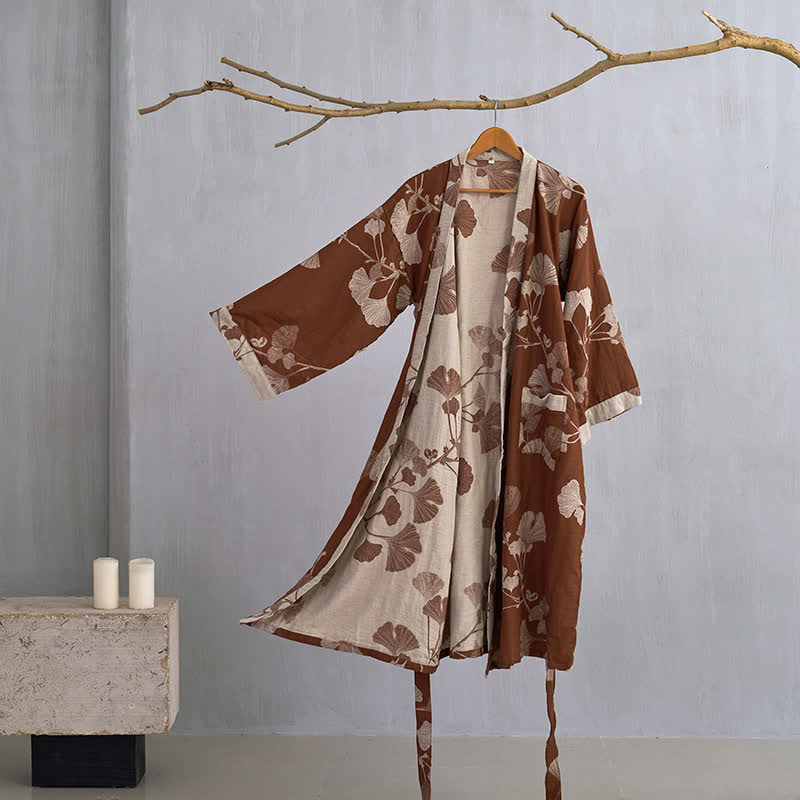 Kleding en accessoires > Kleding > Nachtkleding en loungewear > Kamerjassen : Kimono Peignoir en Coton avec Motif Feuille Réversible dans Café & Beige de Roselva
