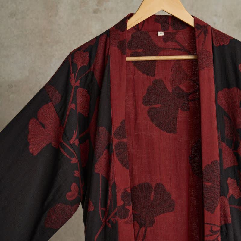 Kleding en accessoires > Kleding > Nachtkleding en loungewear > Kamerjassen : Kimono Peignoir en Coton avec Motif Feuille Réversible dans de Roselva