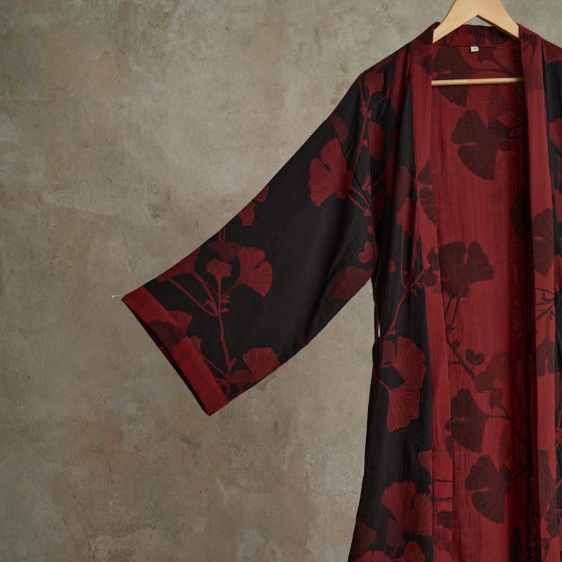 Kleding en accessoires > Kleding > Nachtkleding en loungewear > Kamerjassen : Kimono Peignoir en Coton avec Motif Feuille Réversible dans de Roselva