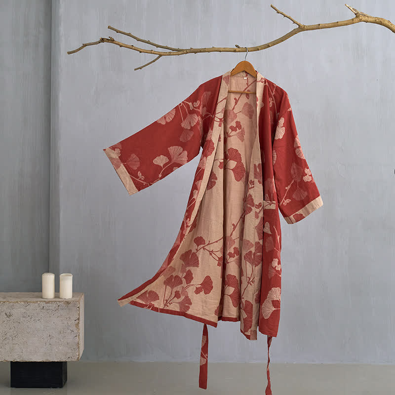 Kleding en accessoires > Kleding > Nachtkleding en loungewear > Kamerjassen : Kimono Peignoir en Coton avec Motif Feuille Réversible dans Rouge & Nude de Roselva