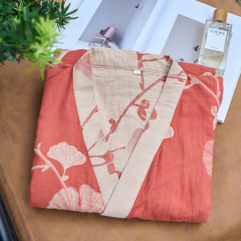 Kleding en accessoires > Kleding > Nachtkleding en loungewear > Kamerjassen : Kimono Peignoir en Coton avec Motif Feuille Réversible dans de Roselva