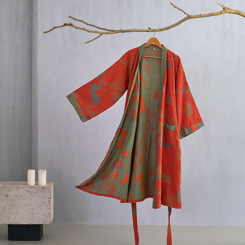 Kleding en accessoires > Kleding > Nachtkleding en loungewear > Kamerjassen : Kimono Peignoir en Coton avec Motif Feuille Réversible dans Orange & Vert de Roselva