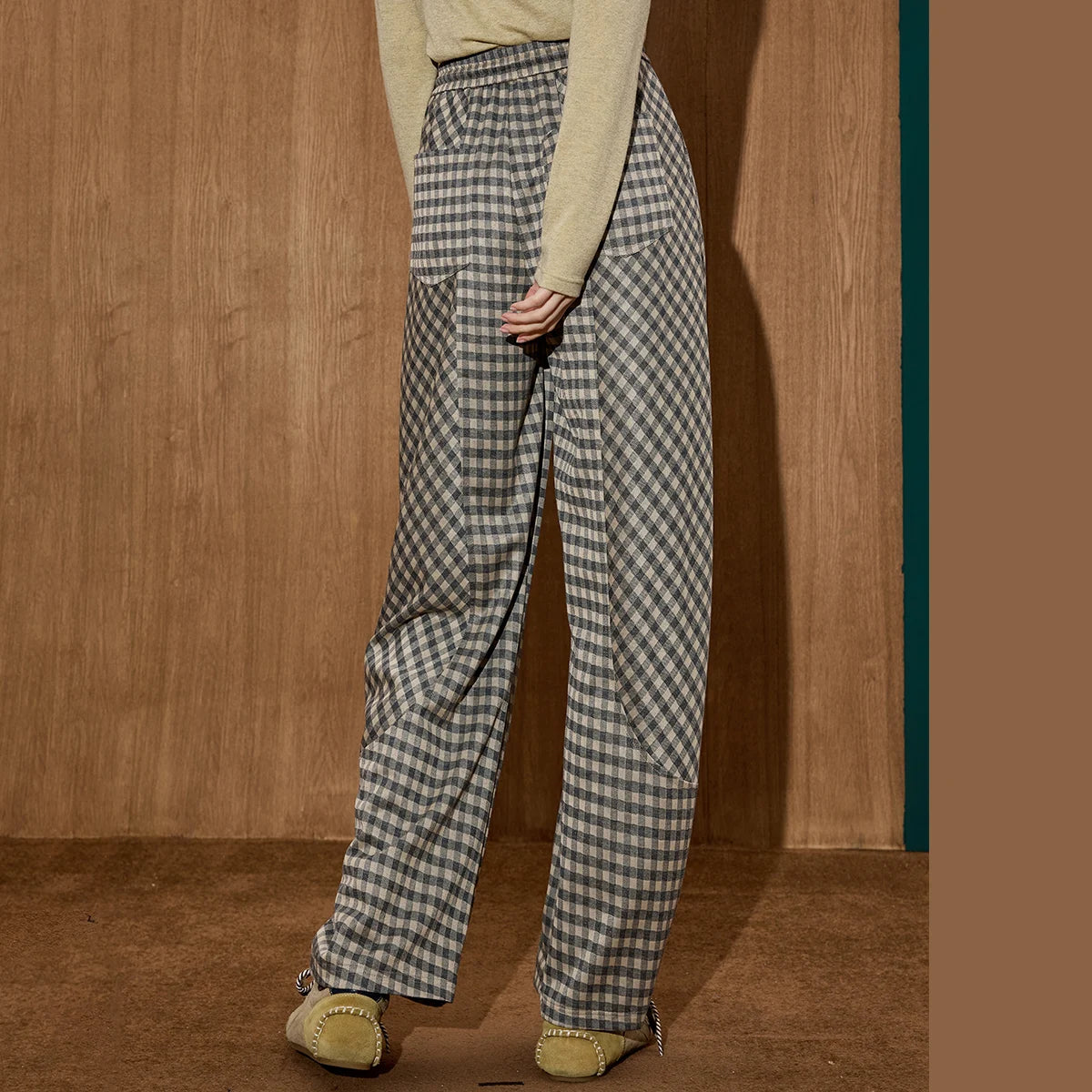 Pantalons pour femmes : Pantalon Femme Tartan Taille Haute Décontracté dans de Marche Lino