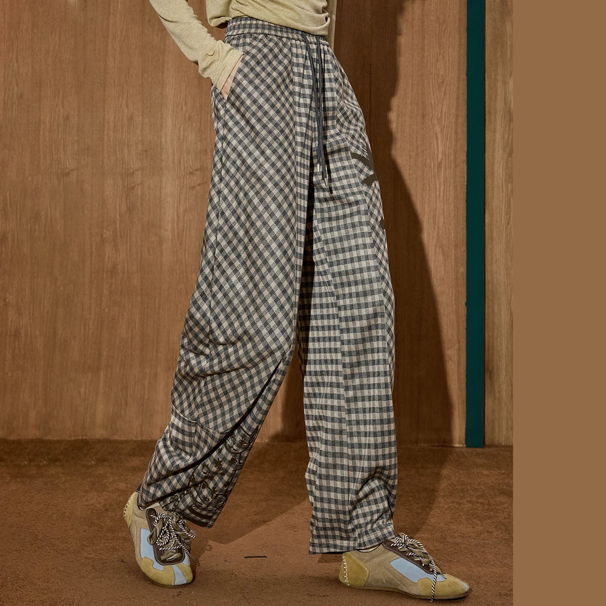 Pantalons pour femmes : Pantalon Femme Tartan Taille Haute Décontracté dans de Marche Lino