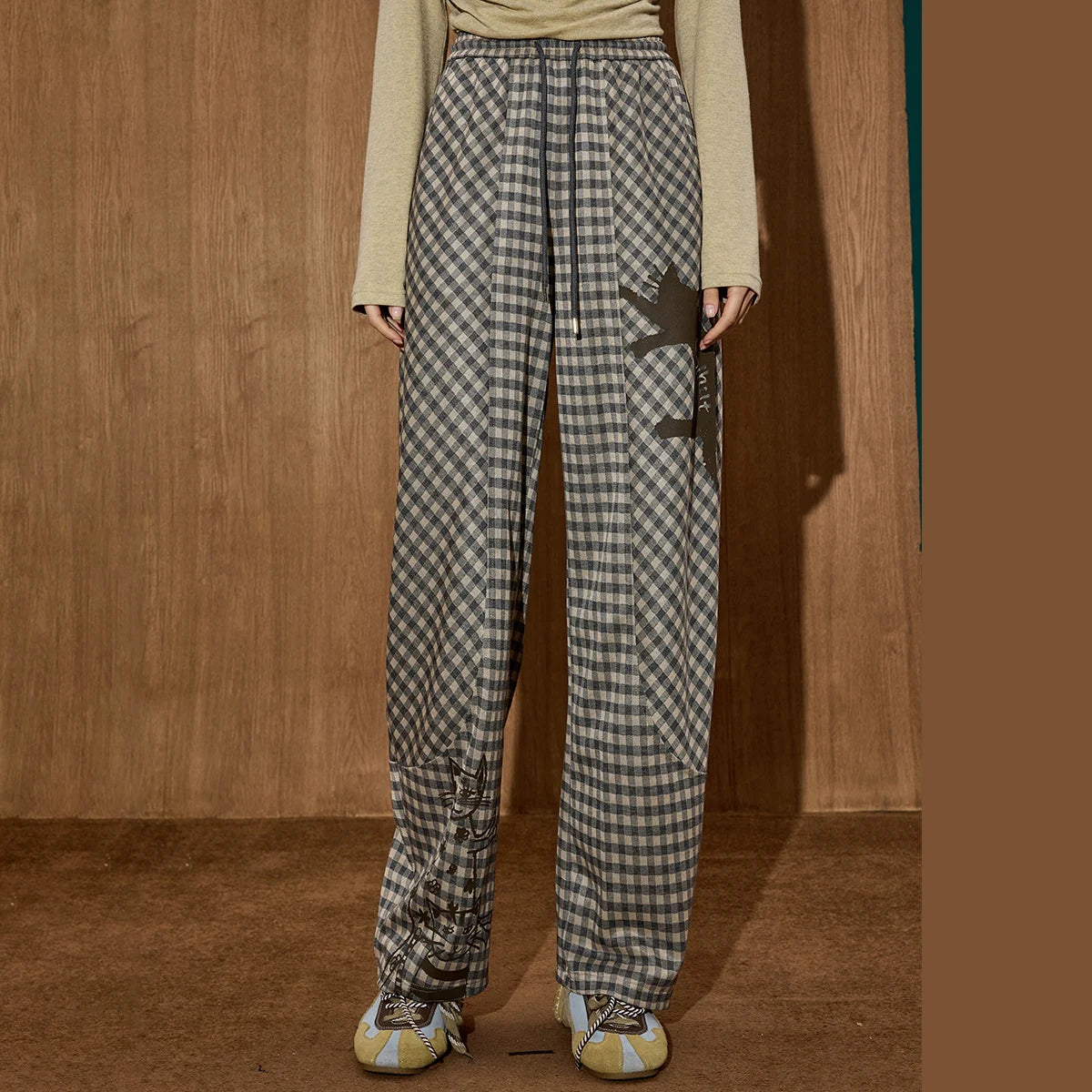 Pantalons pour femmes : Pantalon Femme Tartan Taille Haute Décontracté dans de Marche Lino