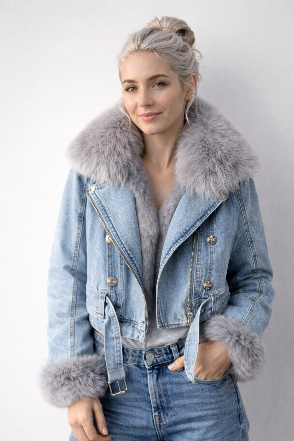 Veste en Denim Femme – Col Fausse Fourrure Style Hiver Chic