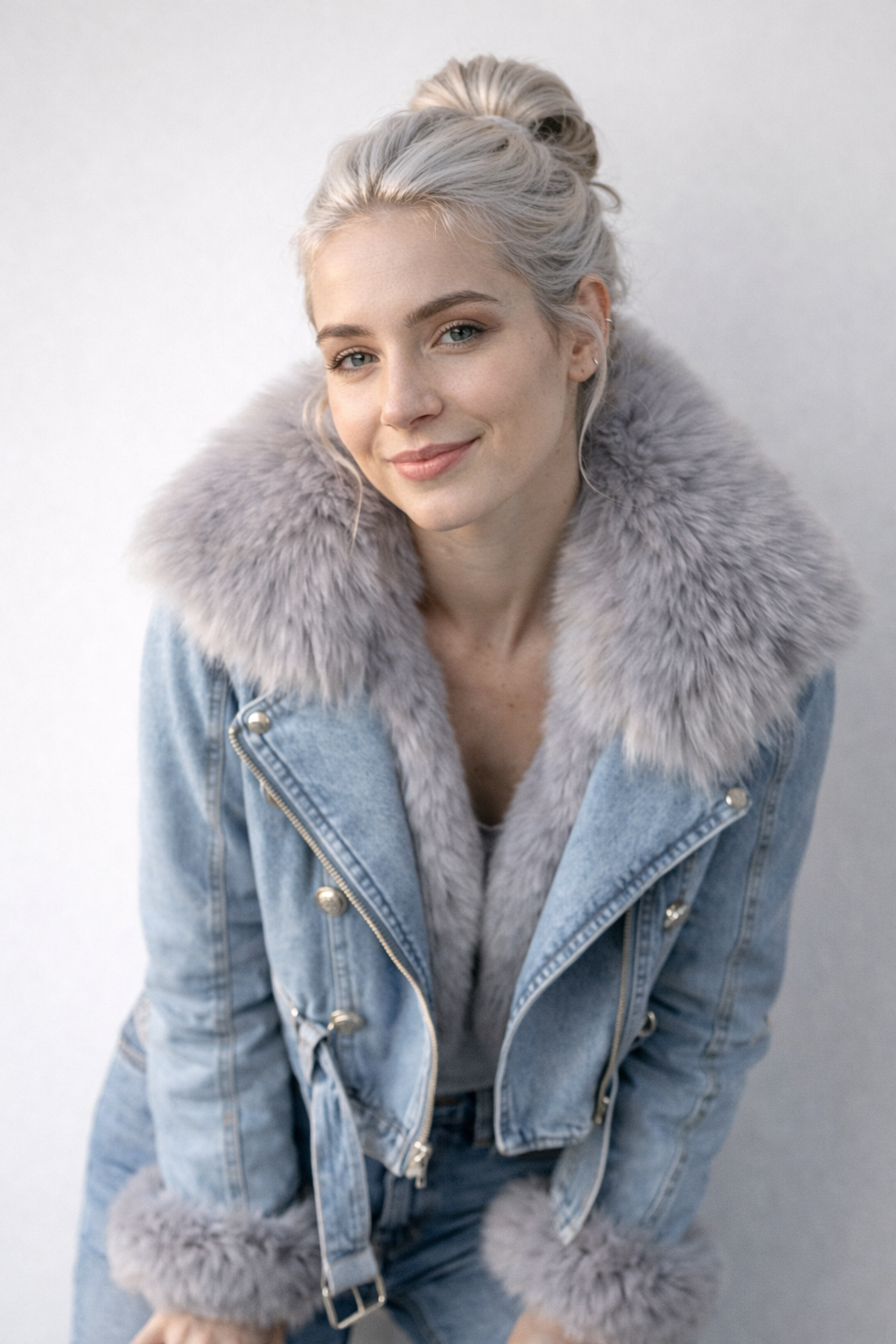 Veste en Denim Femme – Col Fausse Fourrure Style Hiver Chic