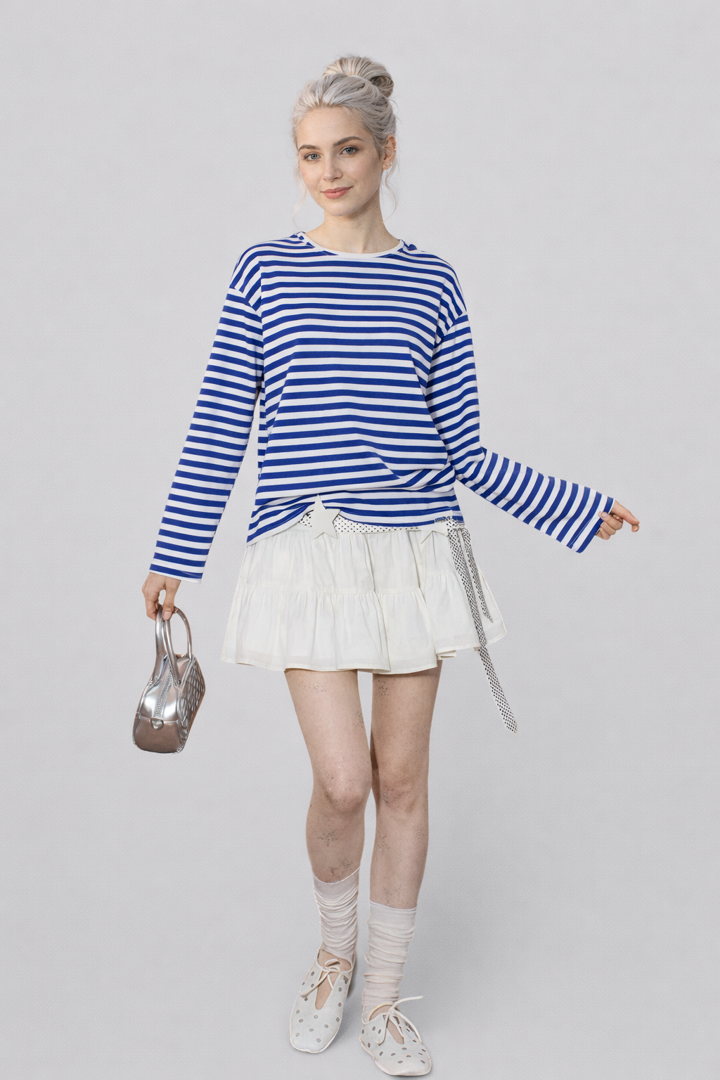 Tee-shirt Femme Manches Longues Rayé Classique Coton Noir & Blanc