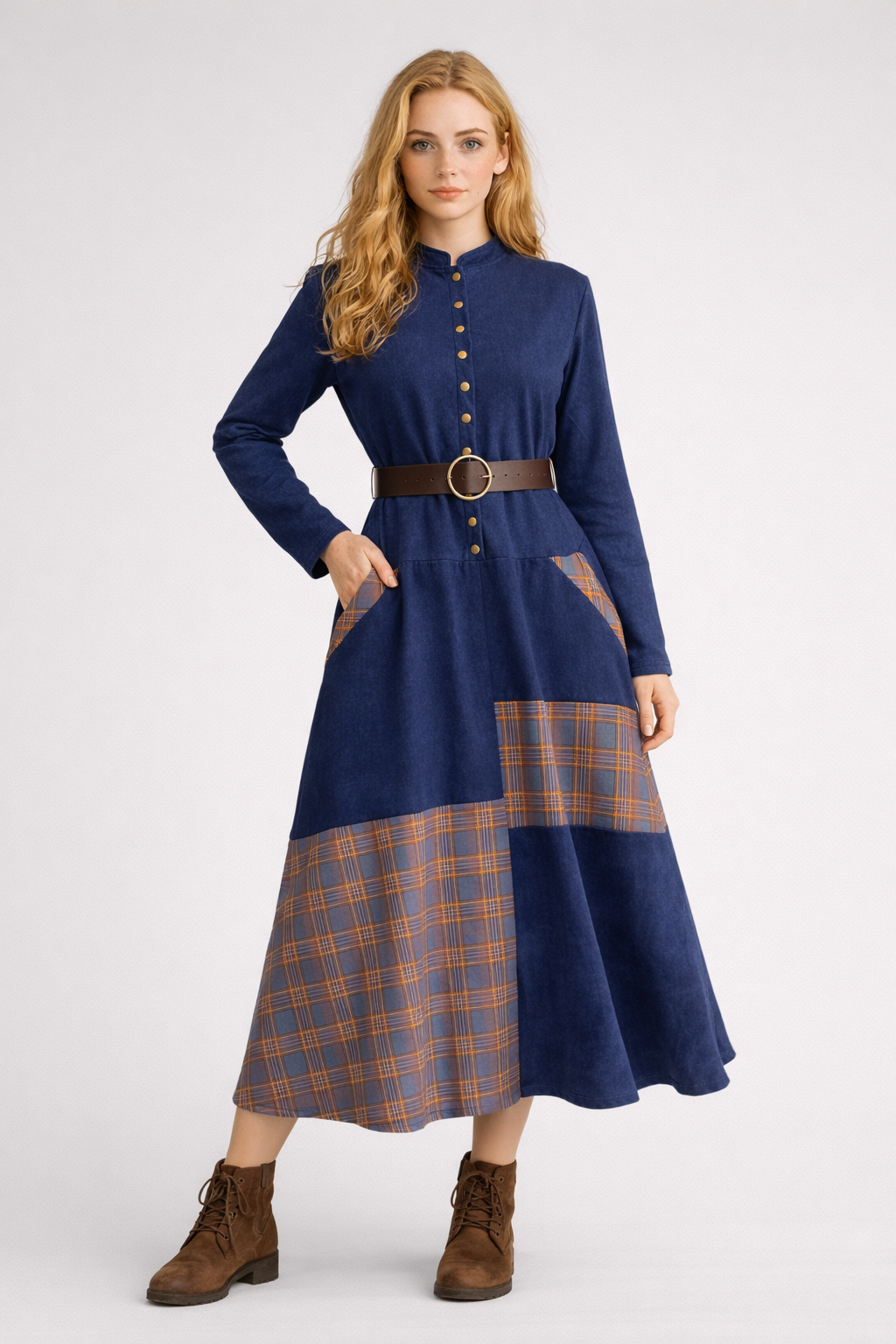 Robe maxi Femme en suède vintage avec motif à carreaux bleu marine et ceinture Laine