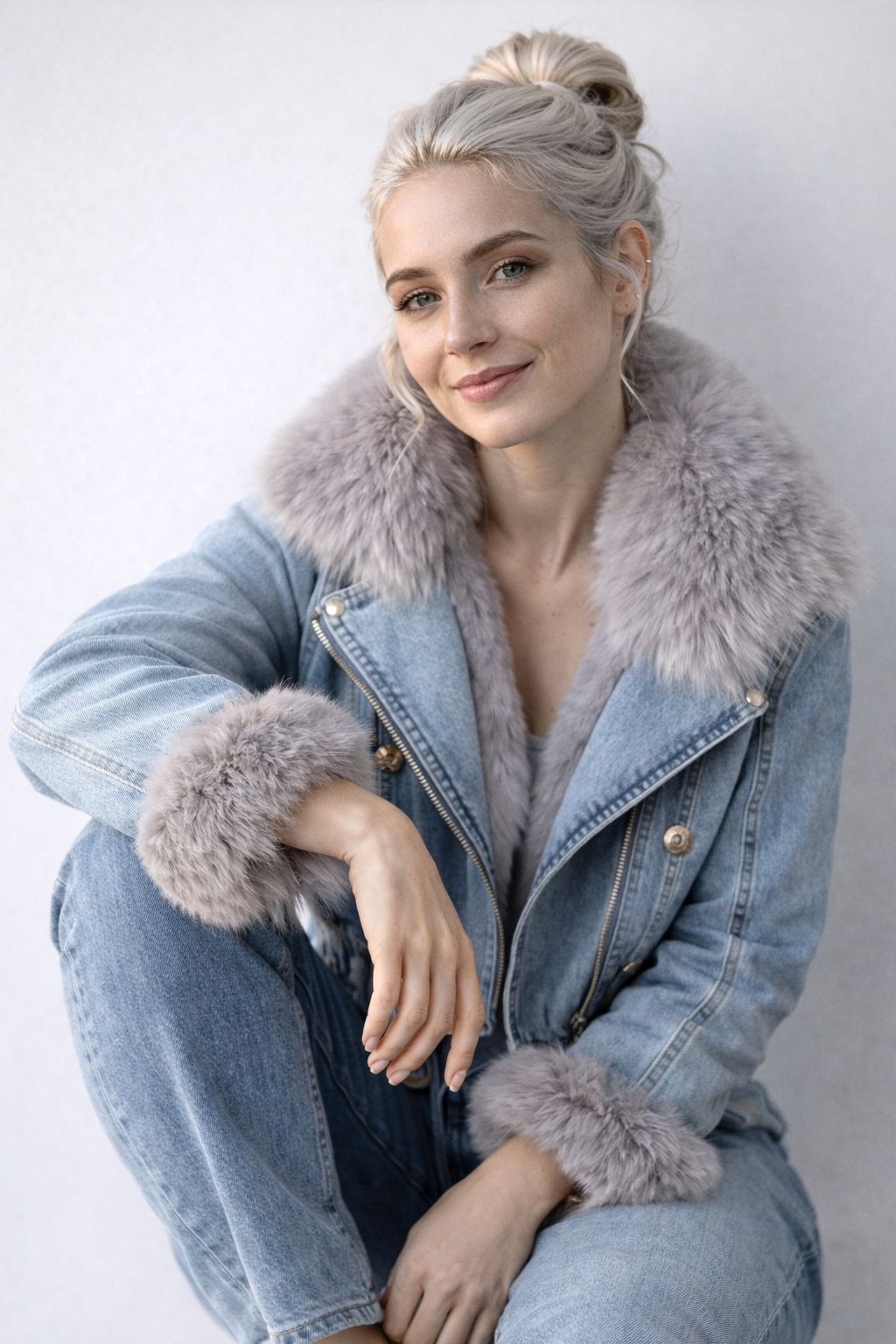 Veste en Denim Femme – Col Fausse Fourrure Style Hiver Chic