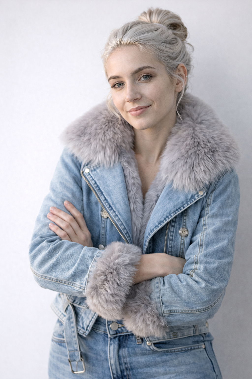 Veste en Denim Femme – Col Fausse Fourrure Style Hiver Chic