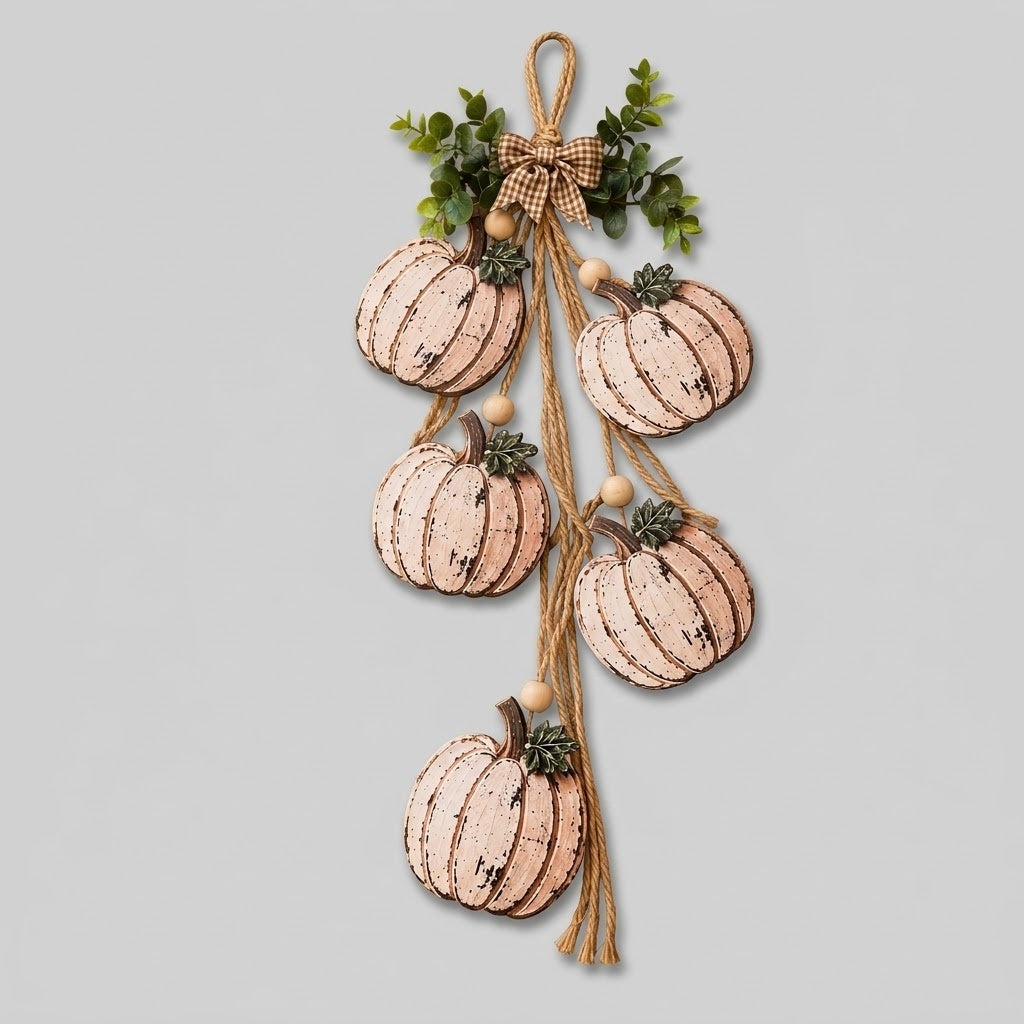 Suspension de Porte Citrouilles en Bois - Lot de 5 avec Nœud à Carreaux