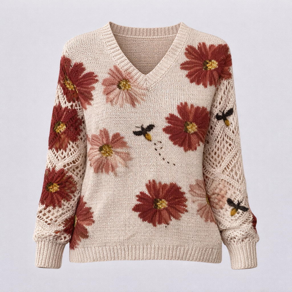 Pull Femme Floral à Col en V Manches Longues Mode Florale