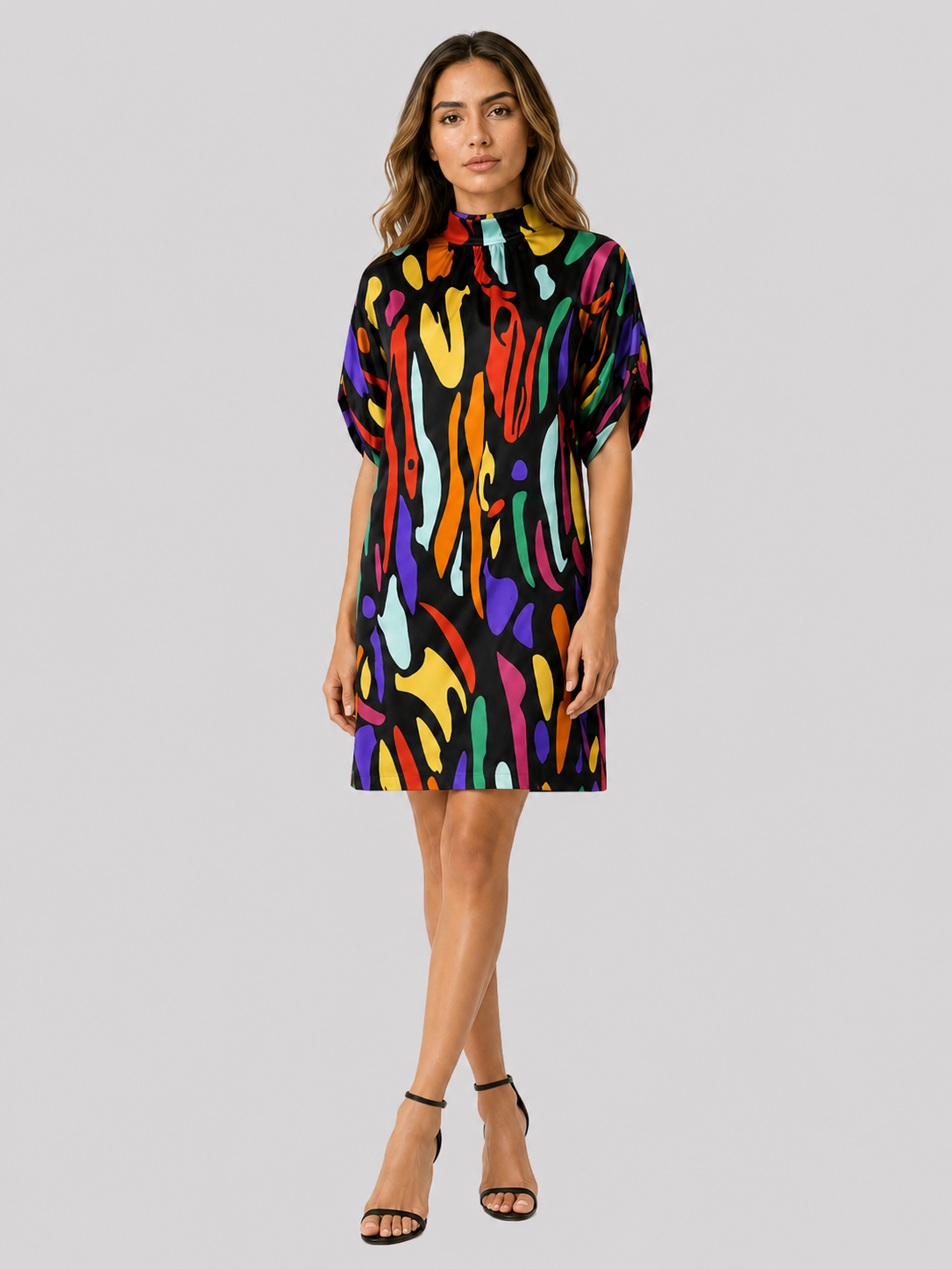 Mini dresses : Robe Courte Femme à Manches Chauve-souris et Col Froncé dans Multicolor de Marche Lino