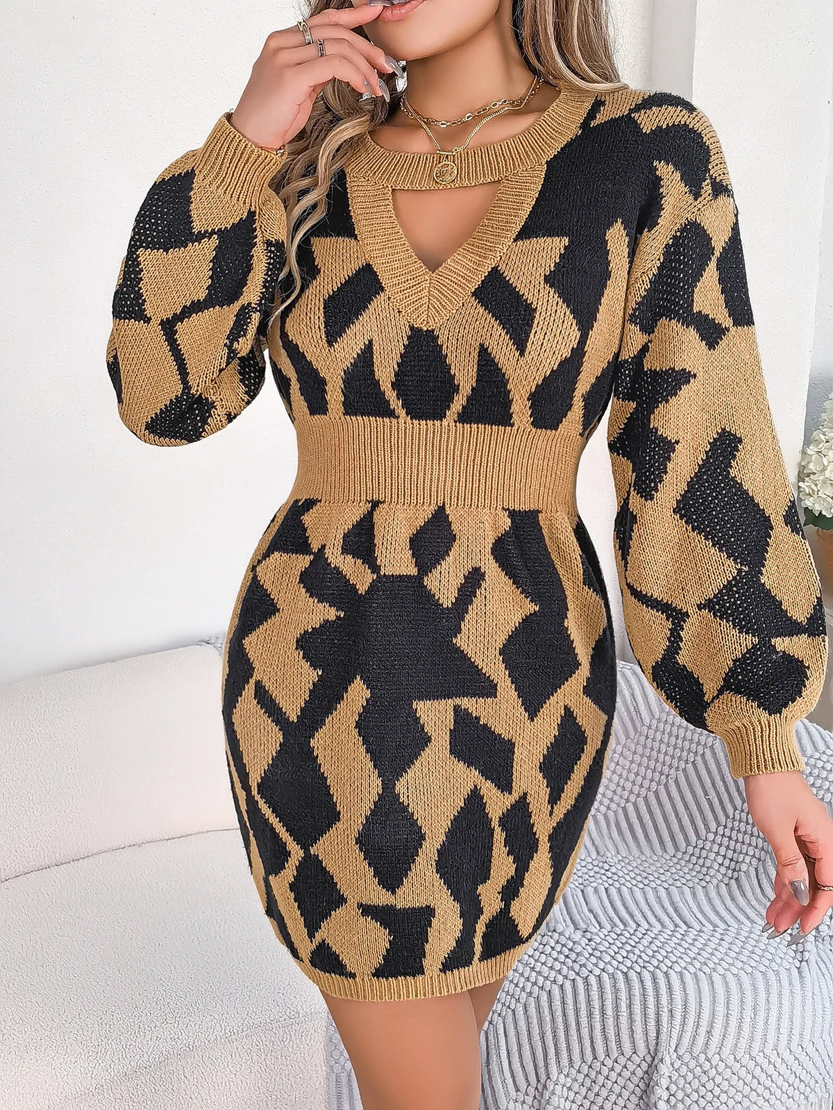 Robes décontractées : Robe Longue Femme en Laine Couleur Contrastée dans de Marche Lino