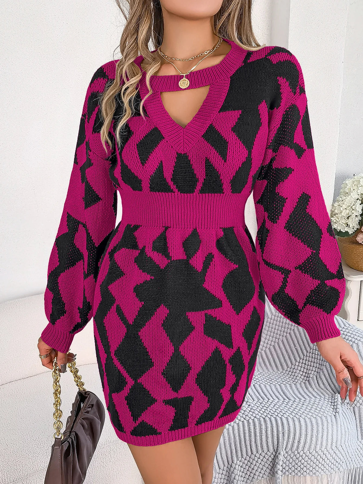 Robes décontractées : Robe Longue Femme en Laine Couleur Contrastée dans de Marche Lino