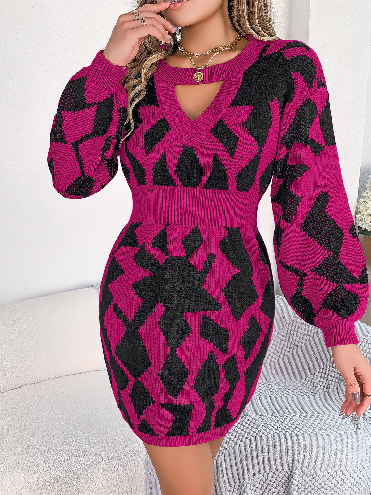 Robes décontractées : Robe Longue Femme en Laine Couleur Contrastée dans Rouge Rose S de Marche Lino