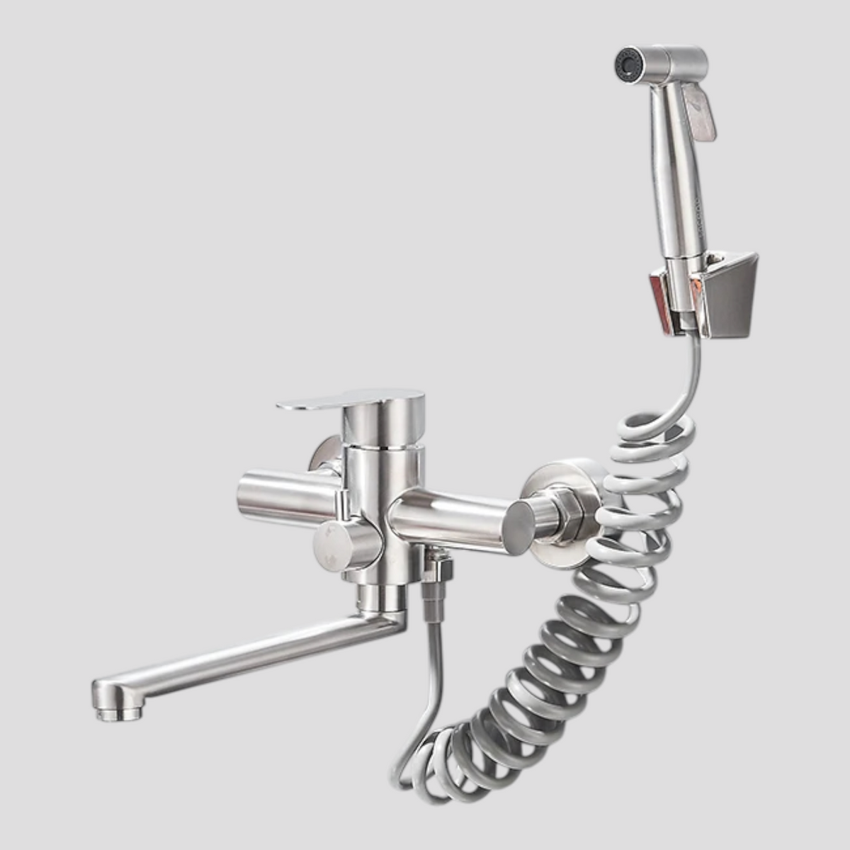 Robinet mural de cuisine pivotant 360° douchette acier inoxydable