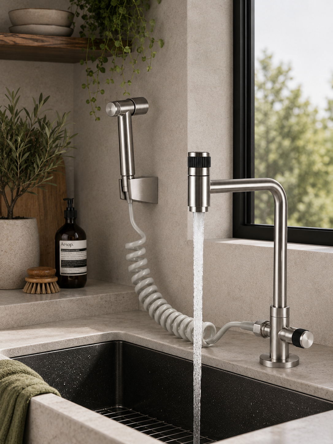 Robinet Mural de Cuisine Rotatif 360° Douchette Acier Inoxydable