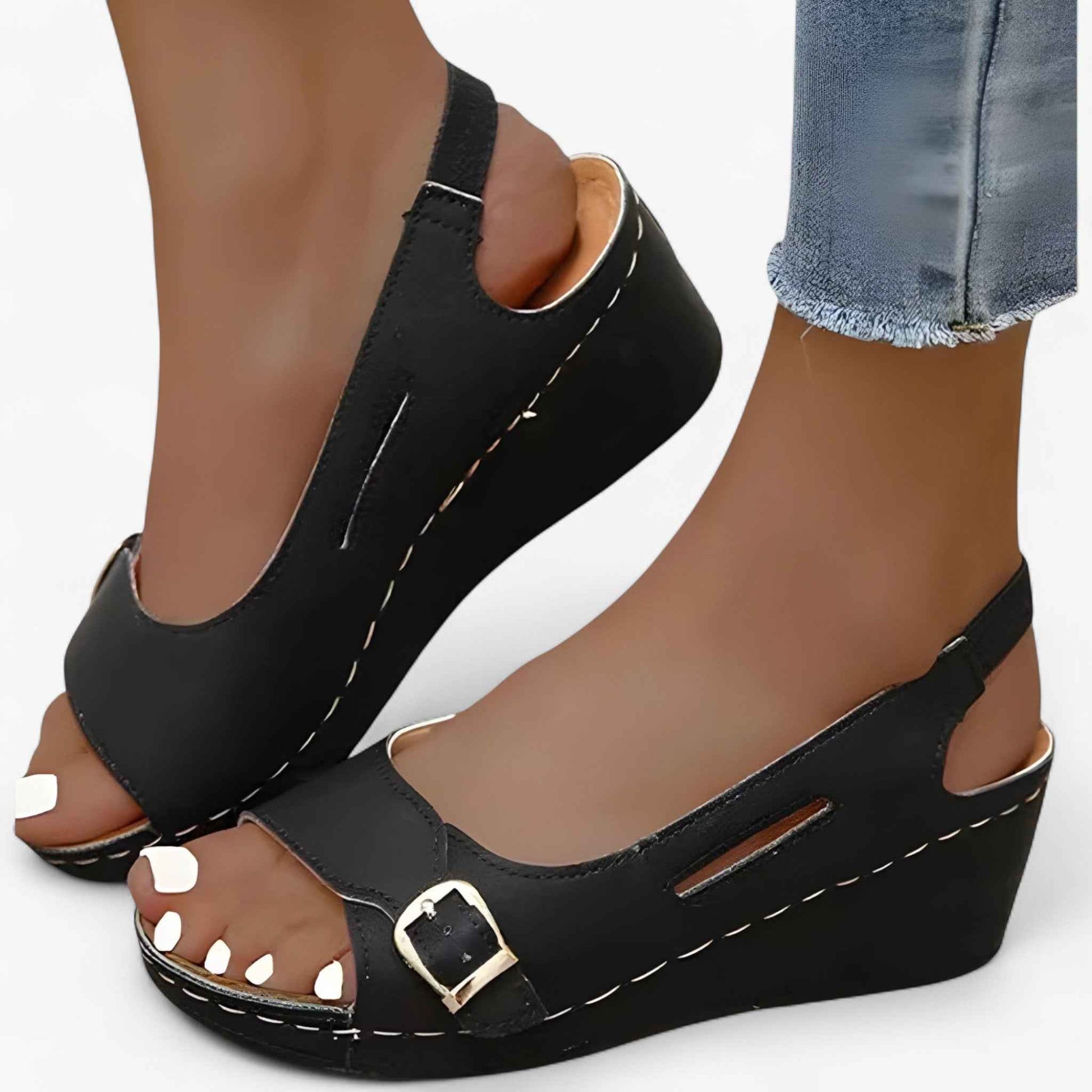 Sandales Femme Confortables en Cuir Noir à Talon Compensé Bas - Idéales pour l'Été