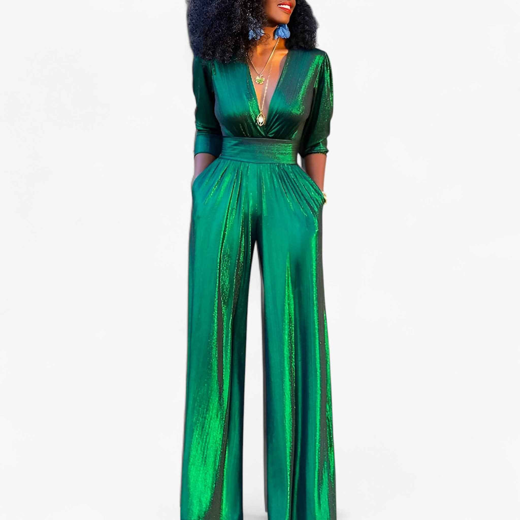 Zara – Elegante tuta verde smeraldo metallizzato con gambe larghe