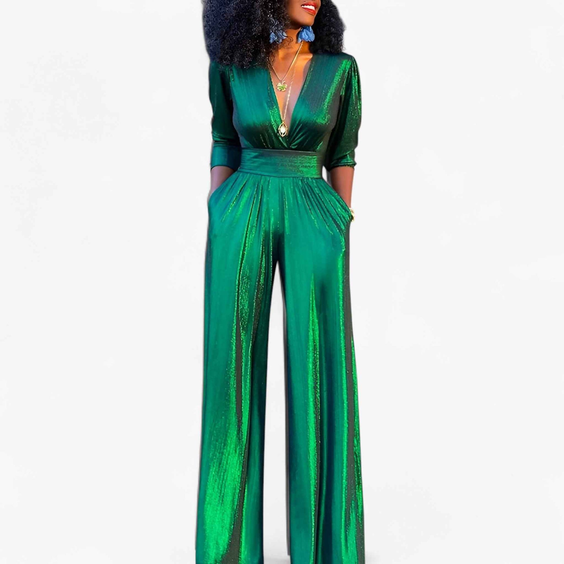 Zara – Elegante tuta verde smeraldo metallizzato con gambe larghe