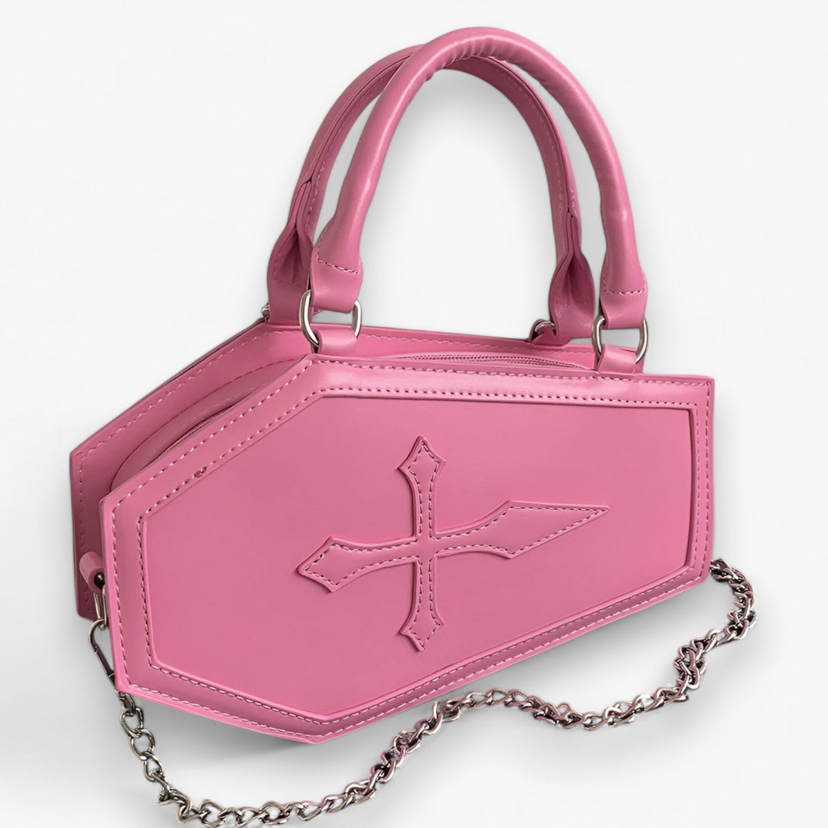 Handbag : Sac à Main Gothique en Forme de Cercueil avec Chaîne pour Halloween dans Rose Clair 24.5x6x15cm de Marche Lino