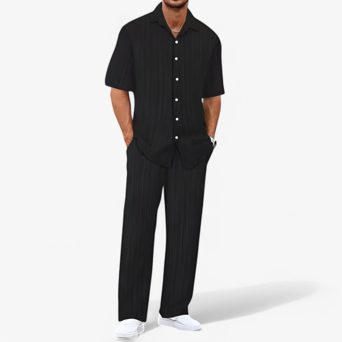 Outfit Sets : Ensemble Homme Décontracté Chic : Chemise Élégante et Pantalon Coupe Ajustée dans Néron Paquet de 1 de Marche Lino