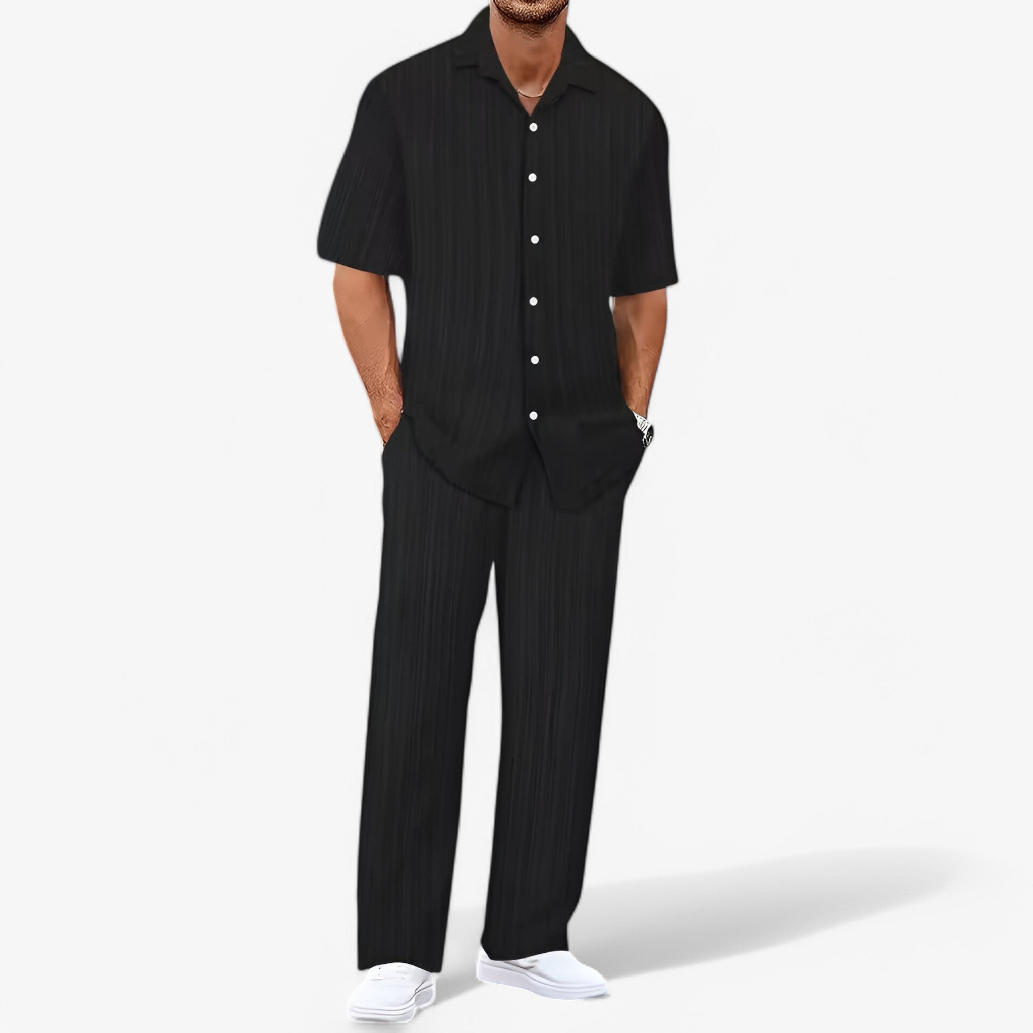 Outfit Sets : Ensemble Homme Décontracté Chic : Chemise Élégante et Pantalon Coupe Ajustée dans Néron Paquet de 1 de Marche Lino
