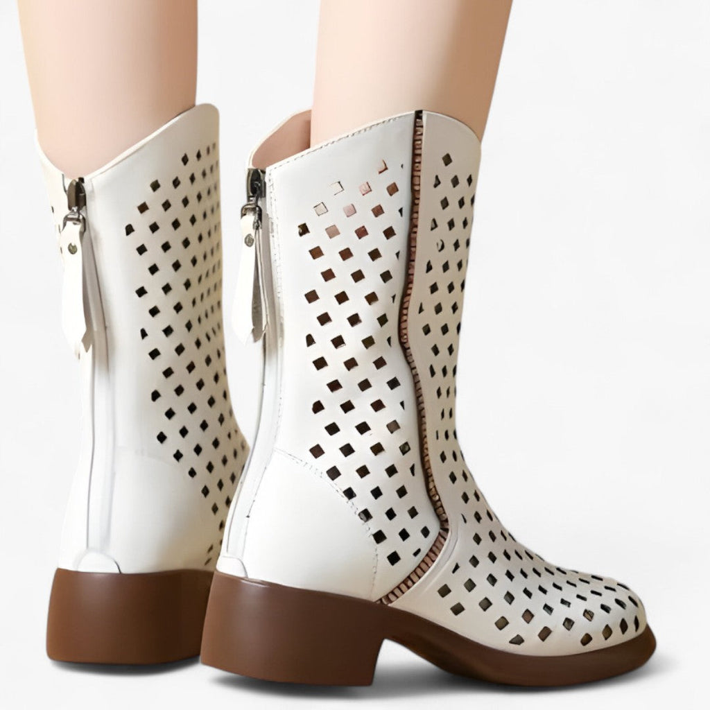 Bottes perforées en cuir véritable mi-mollet respirantes Femme