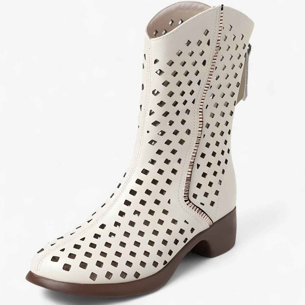 Bottes perforées en cuir véritable mi-mollet respirantes Femme
