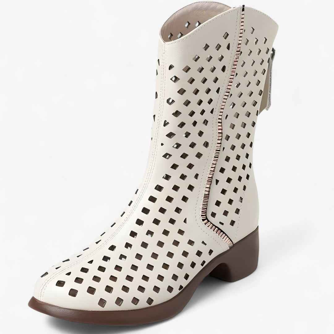 Bottes perforées en cuir véritable mi-mollet respirantes Femme