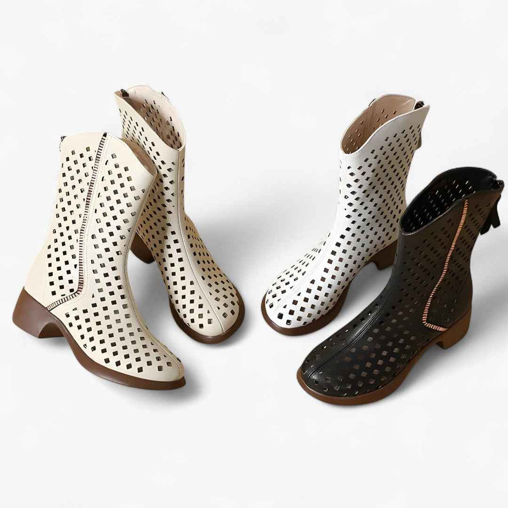 Bottes perforées en cuir véritable mi-mollet respirantes Femme