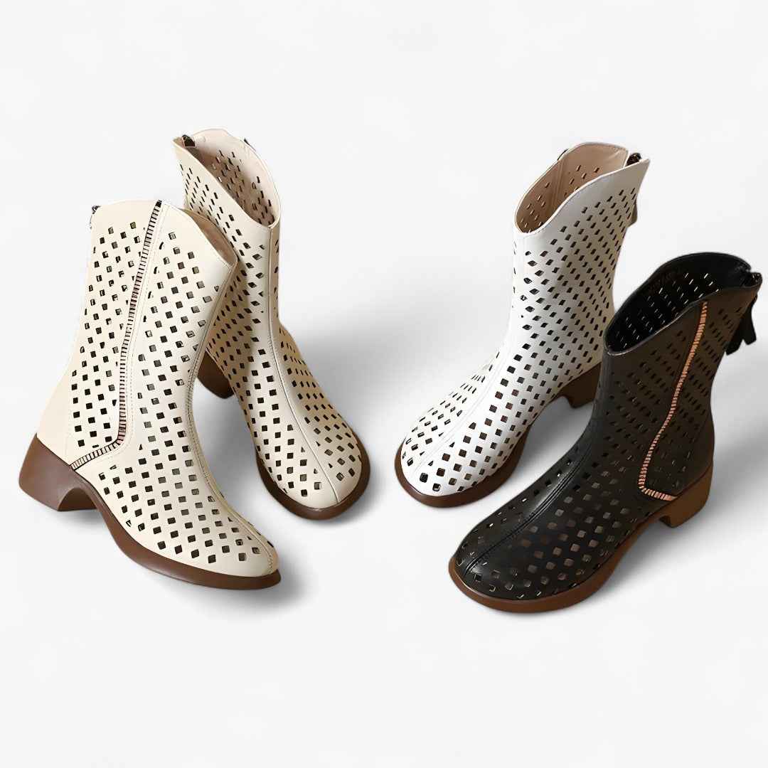 Bottes perforées en cuir véritable mi-mollet respirantes Femme