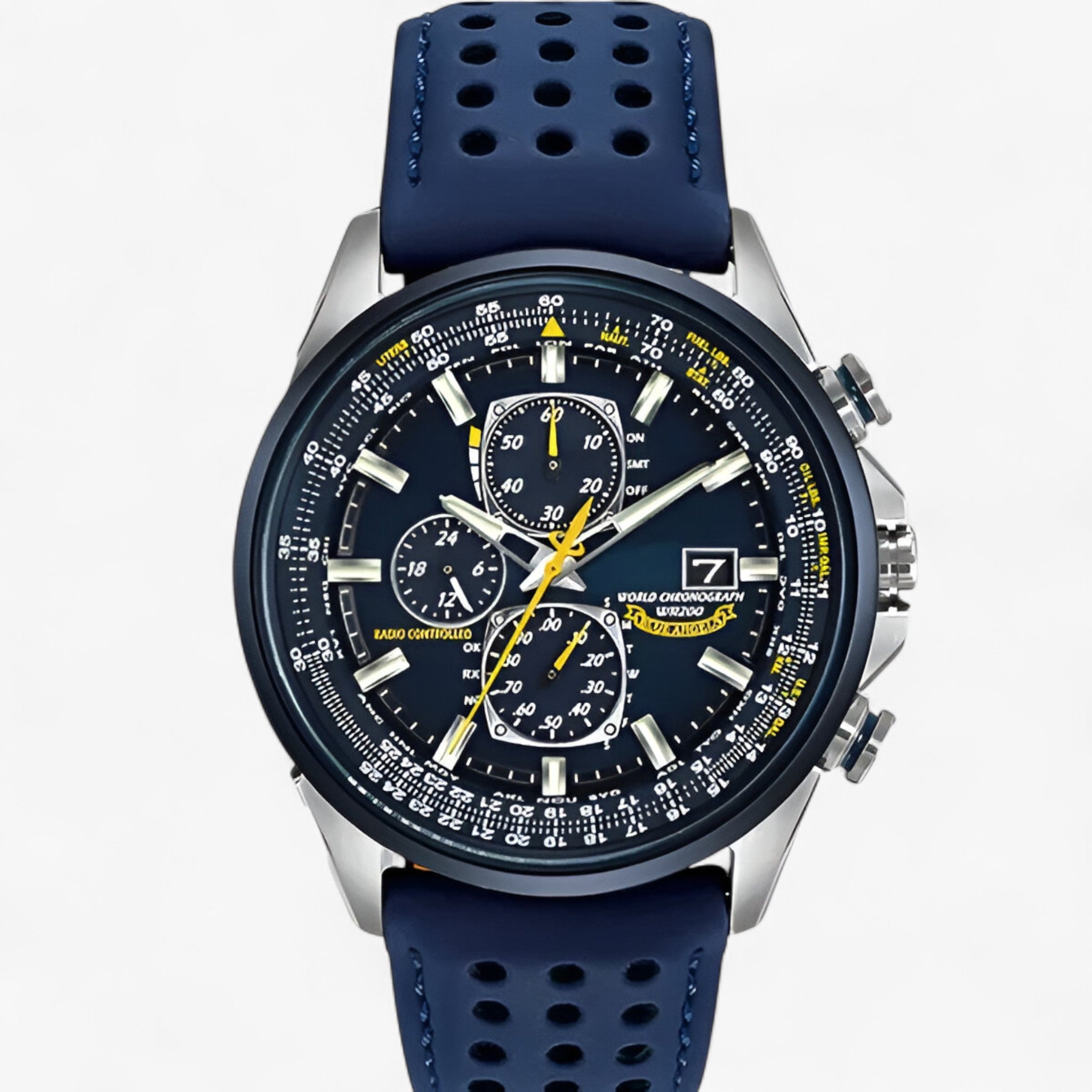 Watches : Montre Chronographe Homme MultiSteel 42mm, Acier Argent avec Cadran Bleu Élégant dans Ceinture bleue à 3 boutons de Marche Lino