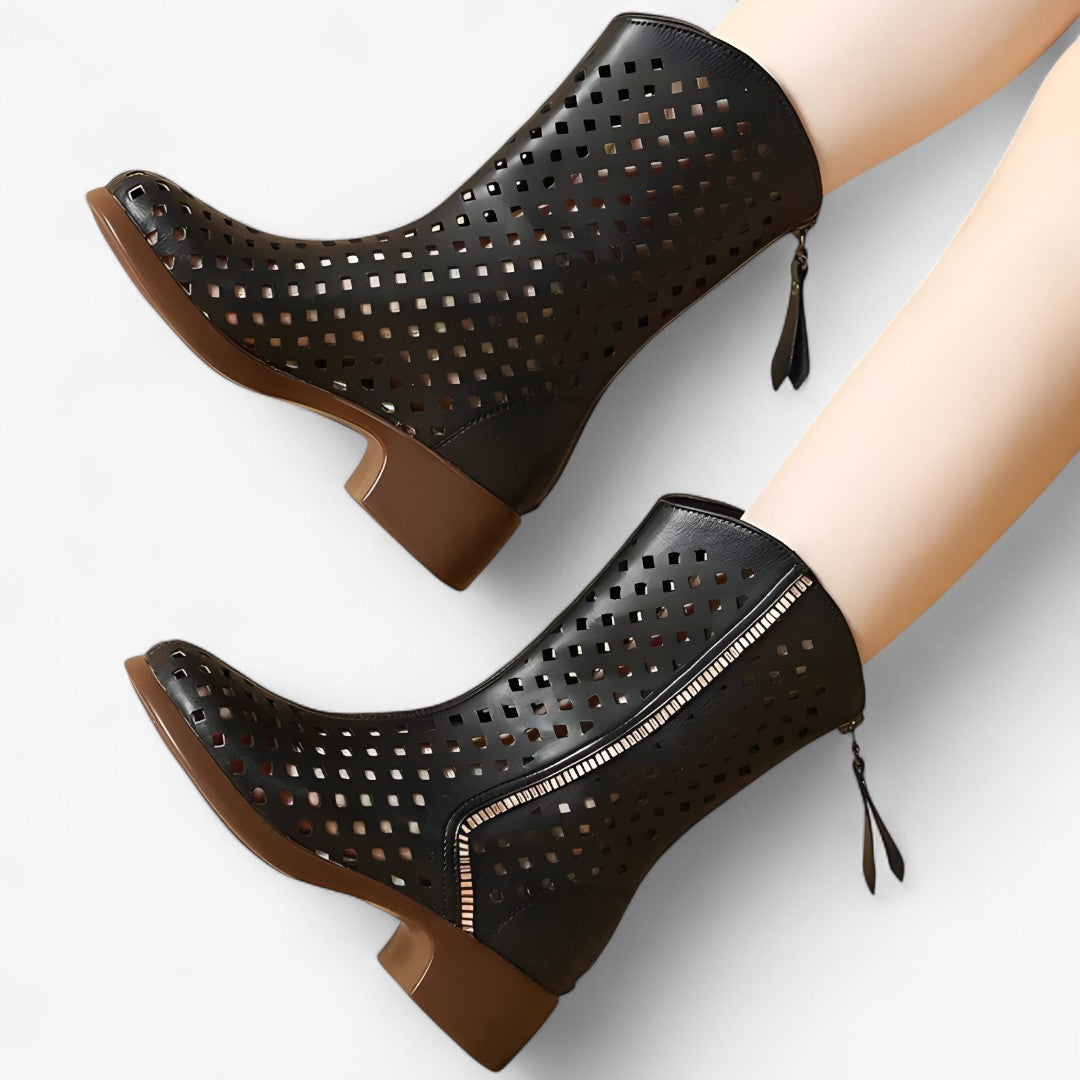 Bottes perforées en cuir véritable mi-mollet respirantes Femme