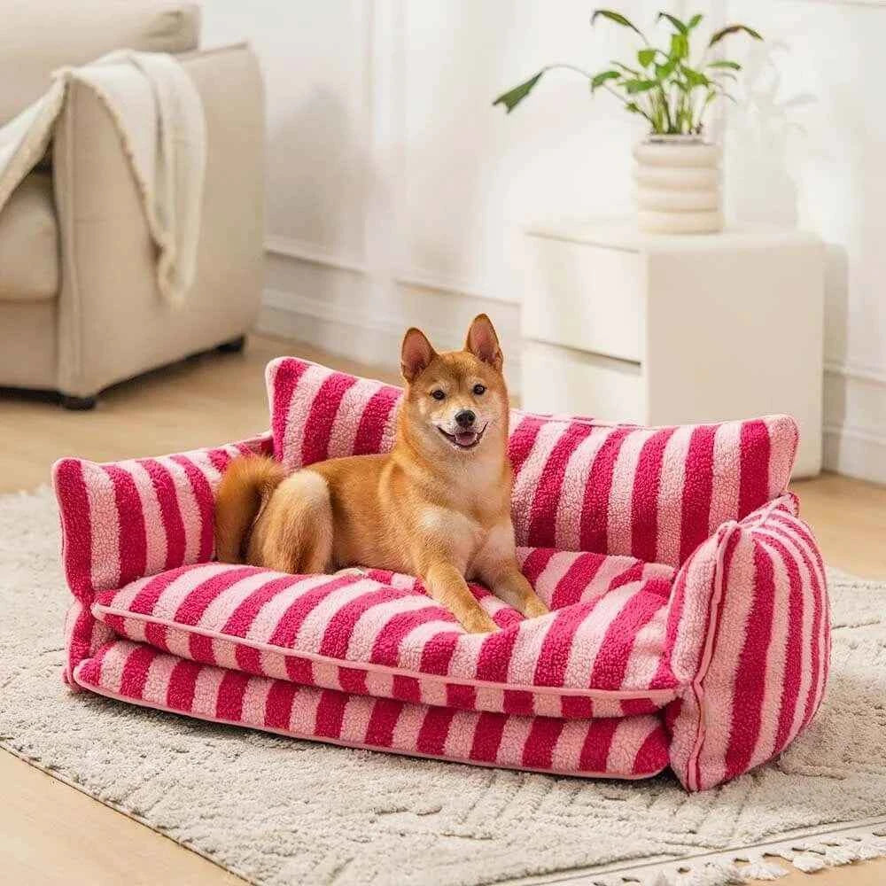 Lit pour chien Design à rayures roses - Doux et chaud lieu de repos - Imitation peau de mouton