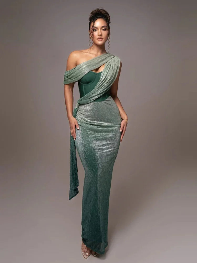 Robe de Soirée Asymétrique Femme avec Finition Métallisée