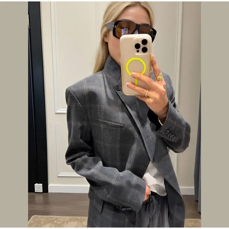 Veste Blazer Femme Grise à Carreaux Manches Longues