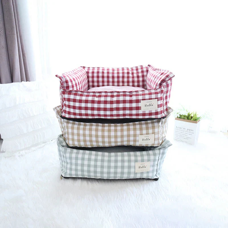 Lit pour chien Motif à carreaux beige - Lieu de repos douillet - 100% Coton